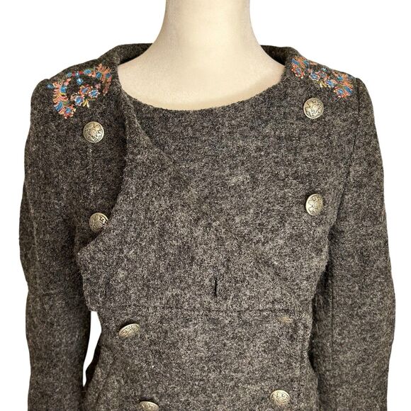 Free People Wool Blend Gray 4 Bohemian Embroidered Pleated Button Jacket Blazer - Picture 3 of 13